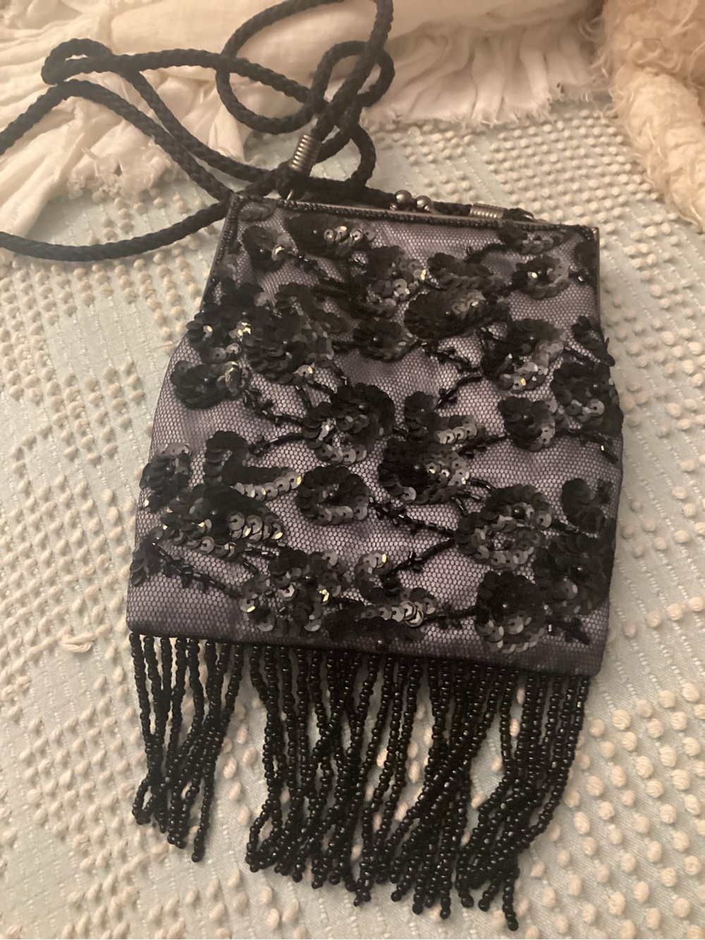 Elegant Black Beaded Evening Bag with Floral Sequin Detail